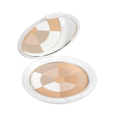 Pó compacto de maquilhagem com vários tons em embalagem branca com espelho