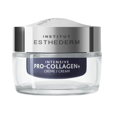 Frasco de creme facial com tampa prateada e rótulo azul escuro