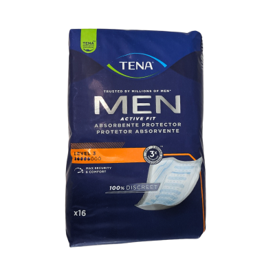 Pacote azul escuro de absorventes TENA Men Active Fit nível 3 com 16 unidades