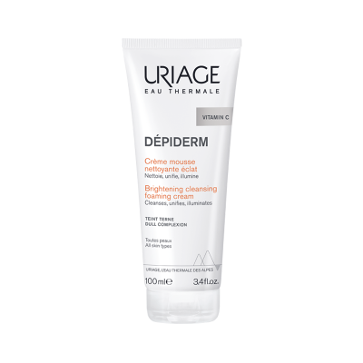 Tubo branco de creme espuma de limpeza facial URIAGE DÉPIDERM com texto preto e laranja