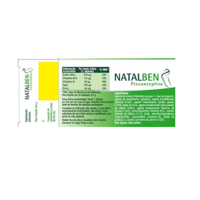 Rótulo de suplemento alimentar Natalben Preconceptivo com texto em português em fundo verde e amarelo