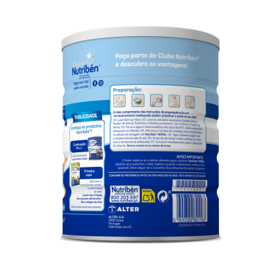 Lata azul e branca de fórmula para bebés da Nutriben com instruções de preparação