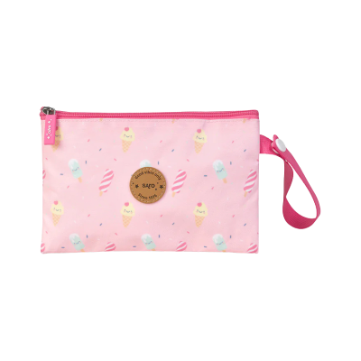 Carteira rosa com padrão de gelados sorridentes e etiqueta redonda