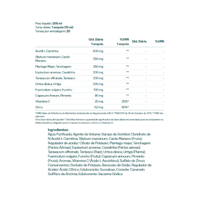 Tabela nutricional e ingredientes de suplemento líquido em embalagem de 200 ml