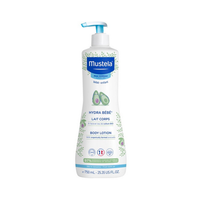 Frasco branco de loção corporal Mustela com tampa azul e imagem de abacate.