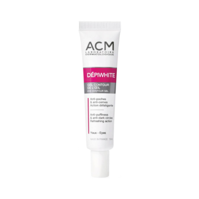 Tubo branco de gel para contorno dos olhos ACM DÉPIWHITE com texto em rosa e cinzento