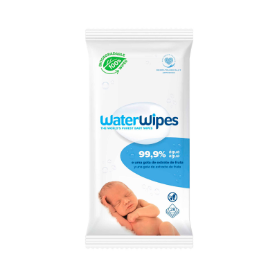 Pacote branco de toalhitas húmidas para bebés WaterWipes com texto azul e imagem de bebé adormecido