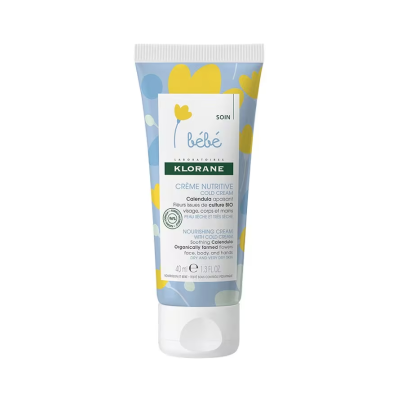 Tubo de creme nutritivo para bebé Klorane, azul claro com motivos florais amarelos