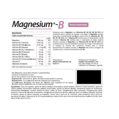 Embalagem do suplemento alimentar Magnesium-B com tabela de ingredientes e informações