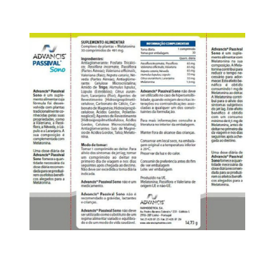 Frasco de suplemento alimentar Advancis Passival Sono com rótulo detalhado em português