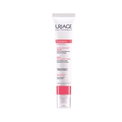 Tubo branco de creme hidratante Uriage Toléderm Control com detalhes rosa
