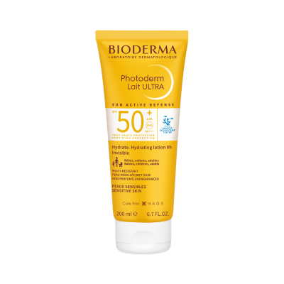 Protetor solar Bioderma Photoderm Lait ULTRA SPF 50+ embalagem amarela e branca