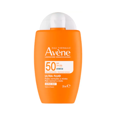 Frasco laranja de protetor solar Avène Ultra Fluid 50 SPF para pele normal a mista
