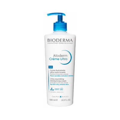Frasco branco de Bioderma Atoderm Crème Ultra com tampa azul e doseador