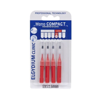 Conjunto de quatro escovas interdentais vermelhas ELGYDIUM CLINIC Mono COMPACT em embalagem azul e branca
