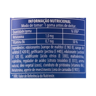 Etiqueta azul com informação nutricional de suplemento com melatonina e vitamina B6