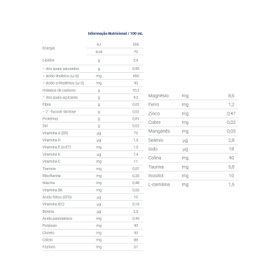 Tabela nutricional detalhada com valores por 100 mL em formato de texto