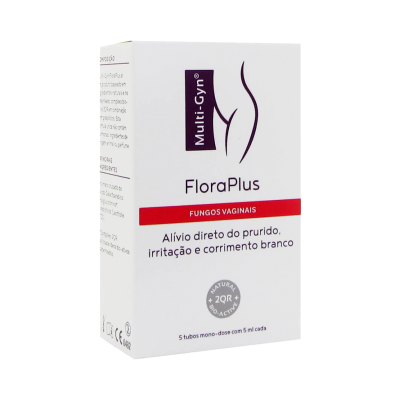 Embalagem branca do produto Multi-Gyn FloraPlus para fungos vaginais com textos e gráficos roxos e vermelhos.