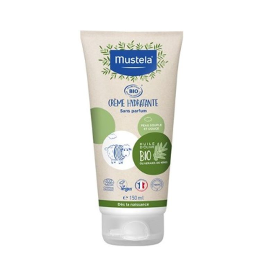 Frasco branco de creme hidratante Mustela Bio 150 ml