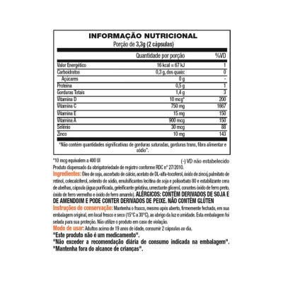 Rótulo de informação nutricional de suplemento alimentar em cápsulas com texto em português.