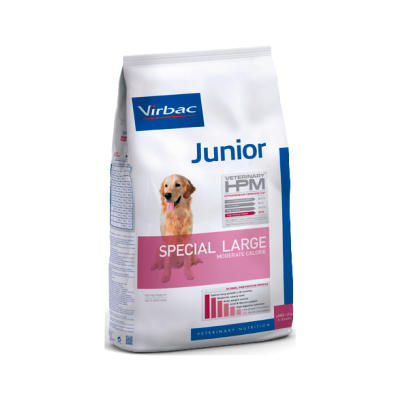 Saco de ração Virbac Junior Special Large para cães, branco, azul e rosa com imagem de cão