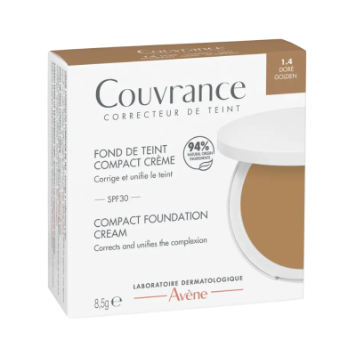 Base compacta creme Avène Couvrance tom dourado em embalagem branca e castanha