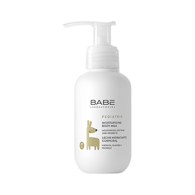 Leite hidratante corporal pediátrico BABE em frasco branco com doseador e desenho dourado