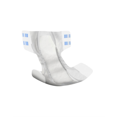 Fralda descartável branca com alças adesivas azuis e textura em relevo