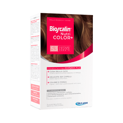 Caixa de tinta capilar Bioscalin Nutri Color+ castanho claro dourado 5.3