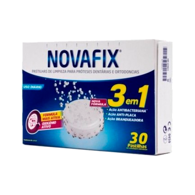 Embalagem de pastilhas Novafix para próteses dentárias