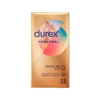 Caixa dourada de preservativos Durex Real Feel Regular Fit com texto e design colorido