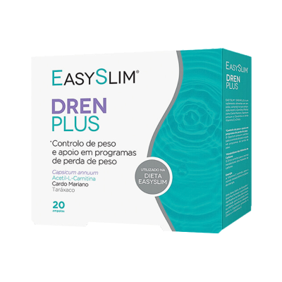 Embalagem de suplemento EASYSLIM DREN PLUS branco e azul turquesa com texto e 20 ampolas