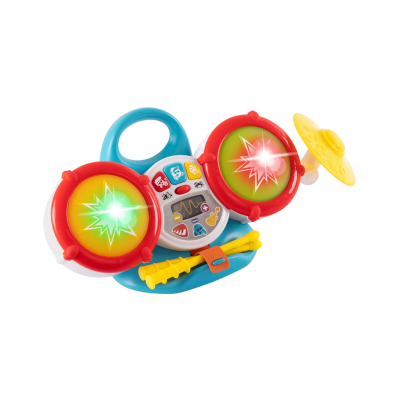 Bateria infantil de brinquedo colorida com tambores, pratos e baquetas