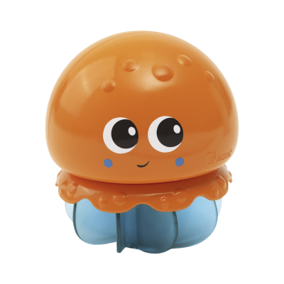 Brinquedo de plástico com cabeça laranja e corpo azul com olhos grandes desenhados