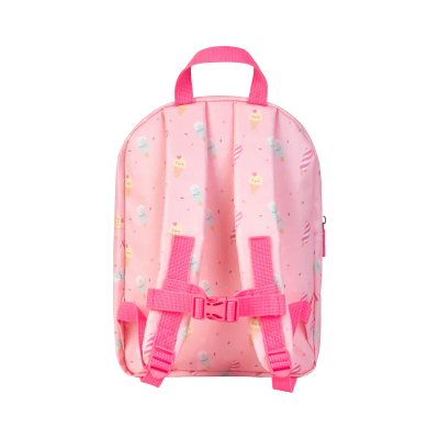 Costas de mochila rosa clara com padrão de gelados coloridos e alças cor de rosa