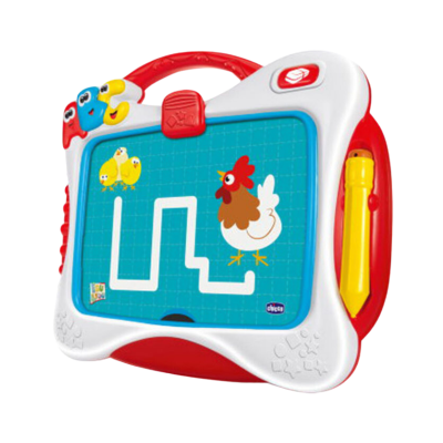 Tablet educativo com imagens de galinha e pintainhos, caneta amarela e estrutura vermelha e branca