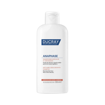 Frasco branco de champô Ducray Anaphase, 200 ml, com texto em francês e inglês.