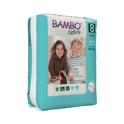 Pack de fraldas BAMBO Nature tamanho 8 4XL com 16 unidades, embalagem azul com fotos de crianças