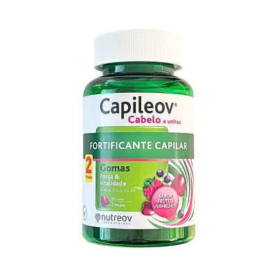 Frasco verde de suplemento Capileov com tampa branca e etiqueta com texto e imagens de frutos vermelhos