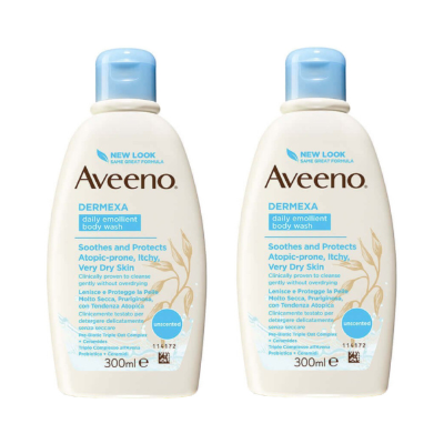 Dois frascos de gel de banho Aveeno Dermexa com tampa azul