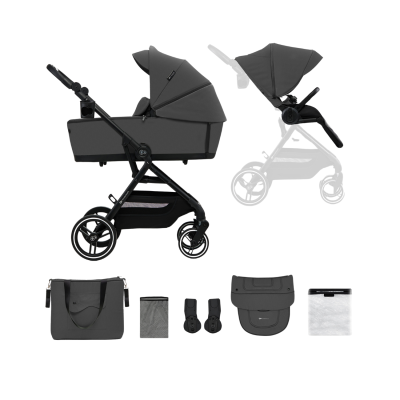 Carrinho de bebé cinzento escuro com estrutura preta e acessórios