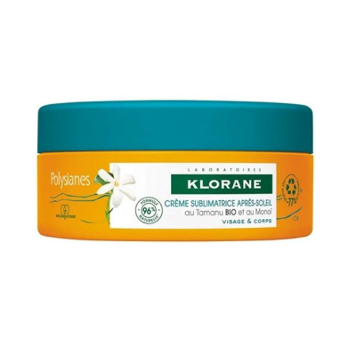 Creme sublimador após-sol Klorane Polysianes em frasco amarelo com tampa azul