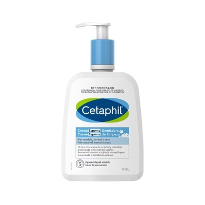 Frasco branco de plástico com doseador azul e branco Cetaphil de creme espuma de limpeza.
