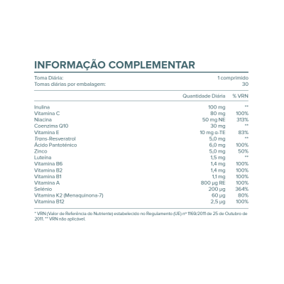 Tabela de informação complementar de suplemento alimentar com ingredientes e dosagens.