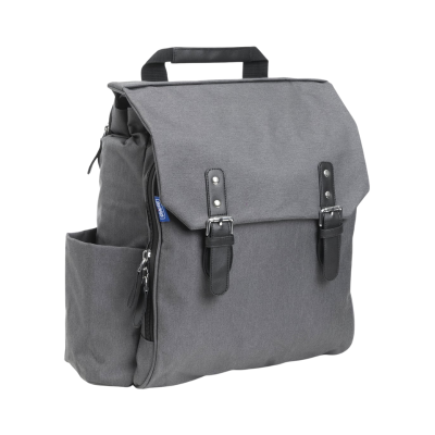 Mochila cinzenta com alça superior e bolsos laterais