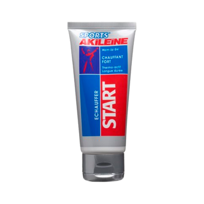 Tubo de gel Sports Akileine START azul, vermelho e cinza com texto em francês