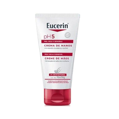Creme de mãos Eucerin pH5 para pele seca e sensível, embalagem branca com tampa vermelha