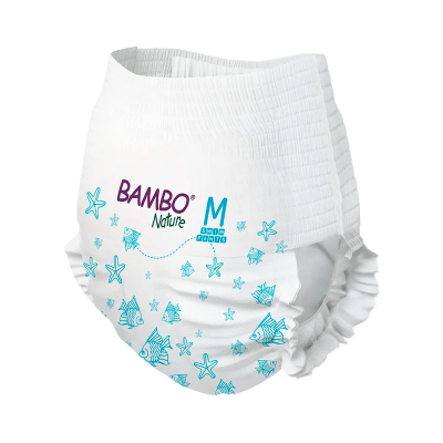 Cueca fralda branca com estampado azul e texto BAMBO Nature M SWIM PANTS