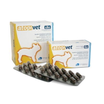 Embalagens de produtos Atopivet com cápsulas e silhueta de cão