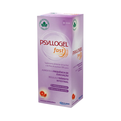 Embalagem lilás de suplemento Psyllogel fast sabor laranja sanguínea